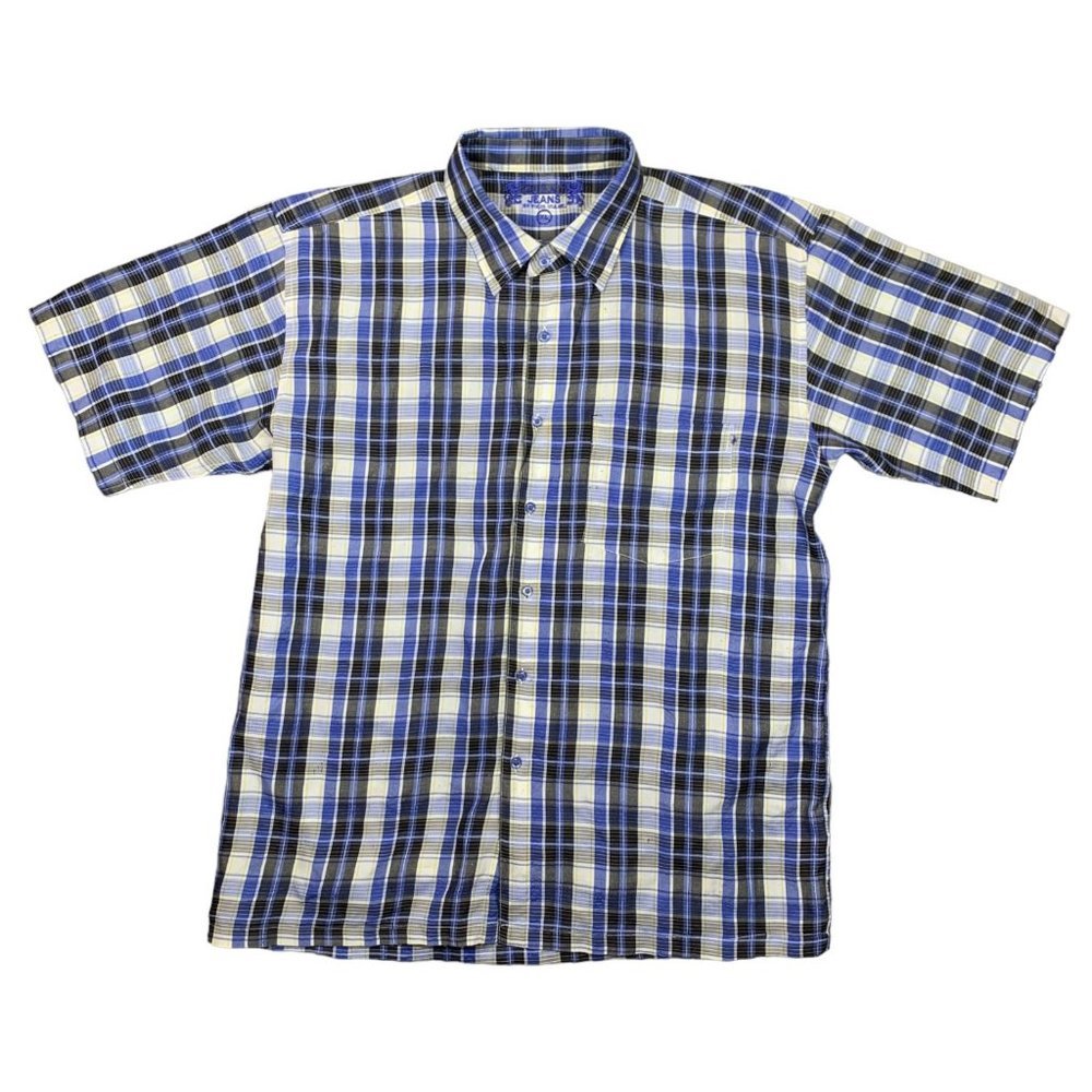 Fusai Jeans Shirt Mens Extra Large Blue Black Plaid Button Up Camp Casual